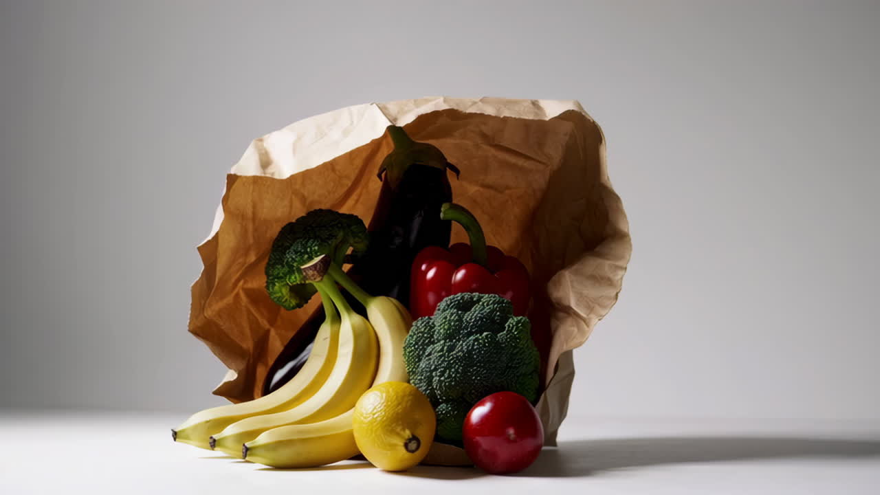 Assortment of fresh fruits and vegetables in a paper bag