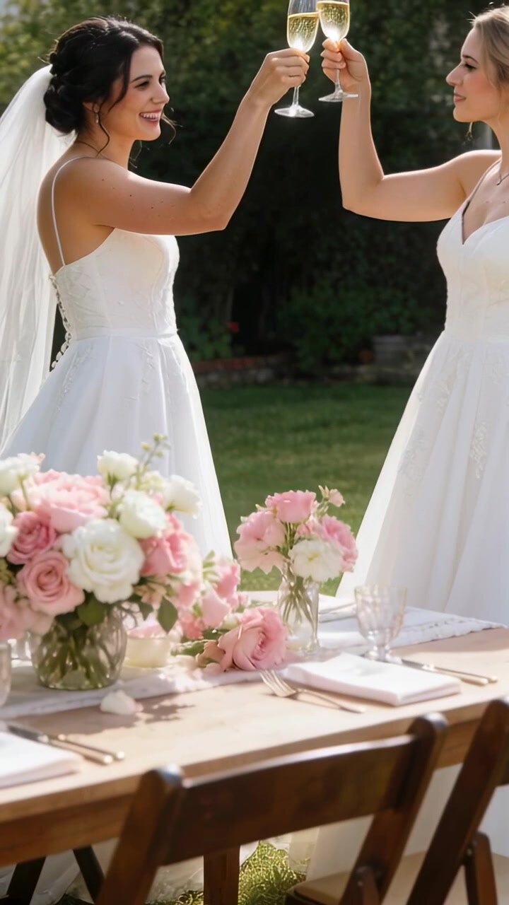 Vertical video: Smiling, two brides wearing wedding gowns raising champagne glass at garden table