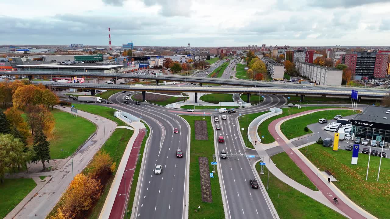Aerial View of a Complex Highway Interchange and Cityscape