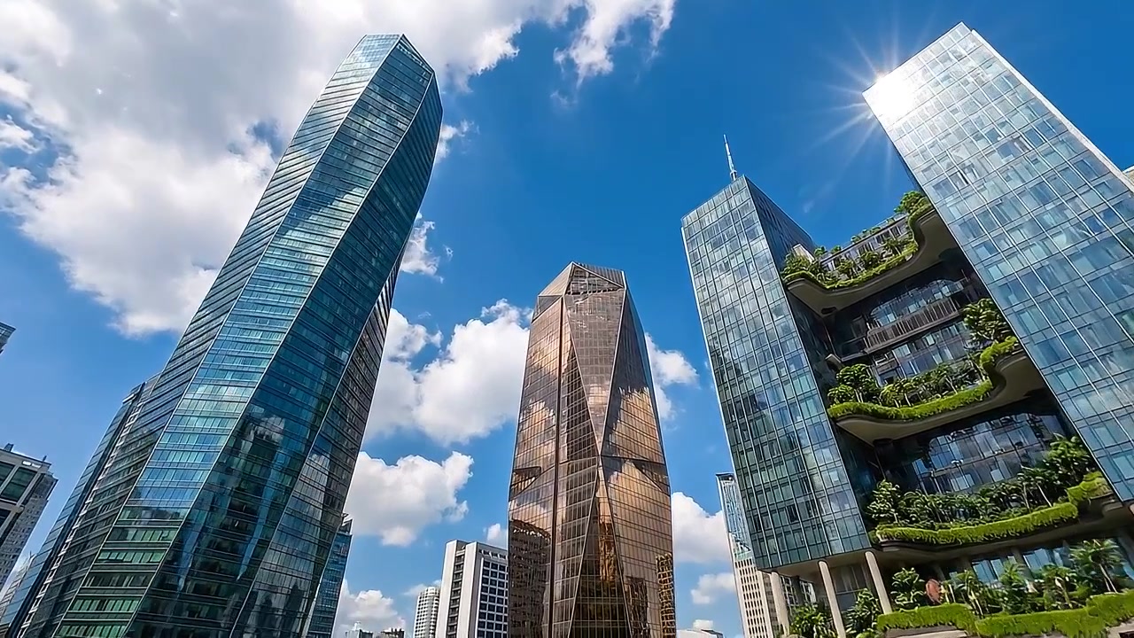 Vista de baixo ângulo de arranha-céus modernos contra o céu azul