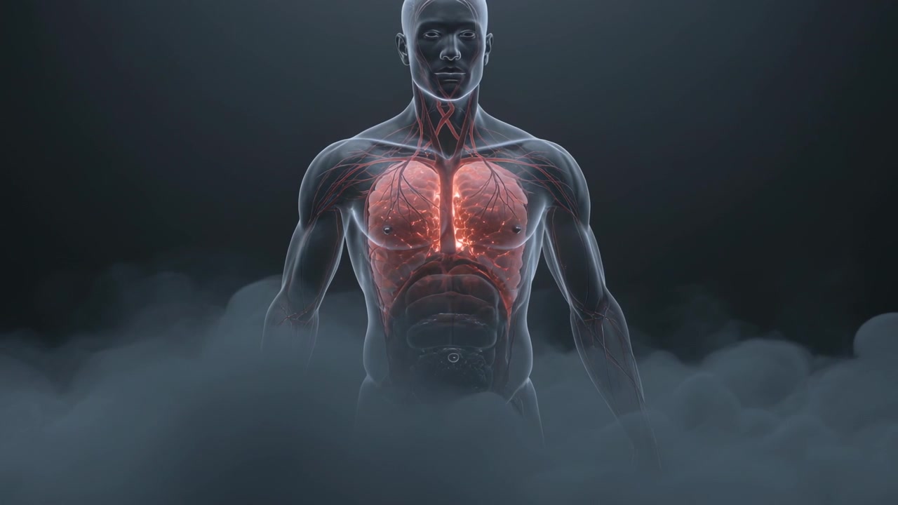 Nebbia che si dirada, modello anatomico traslucido che rivela polmoni e cuore luminosi per scopi didattici in studio