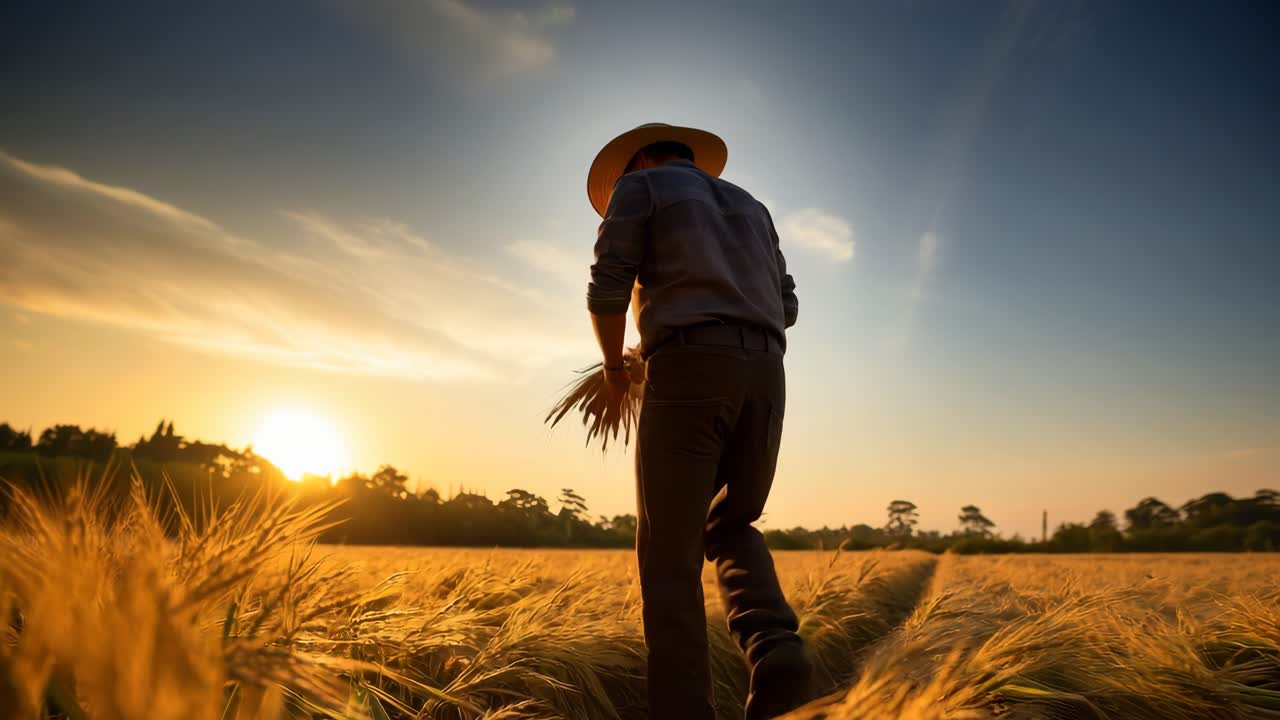 Lavvinkel-optagelse af en landmand, der høster hvede ved solnedgang, fanger en fredfyldt landlig scene.