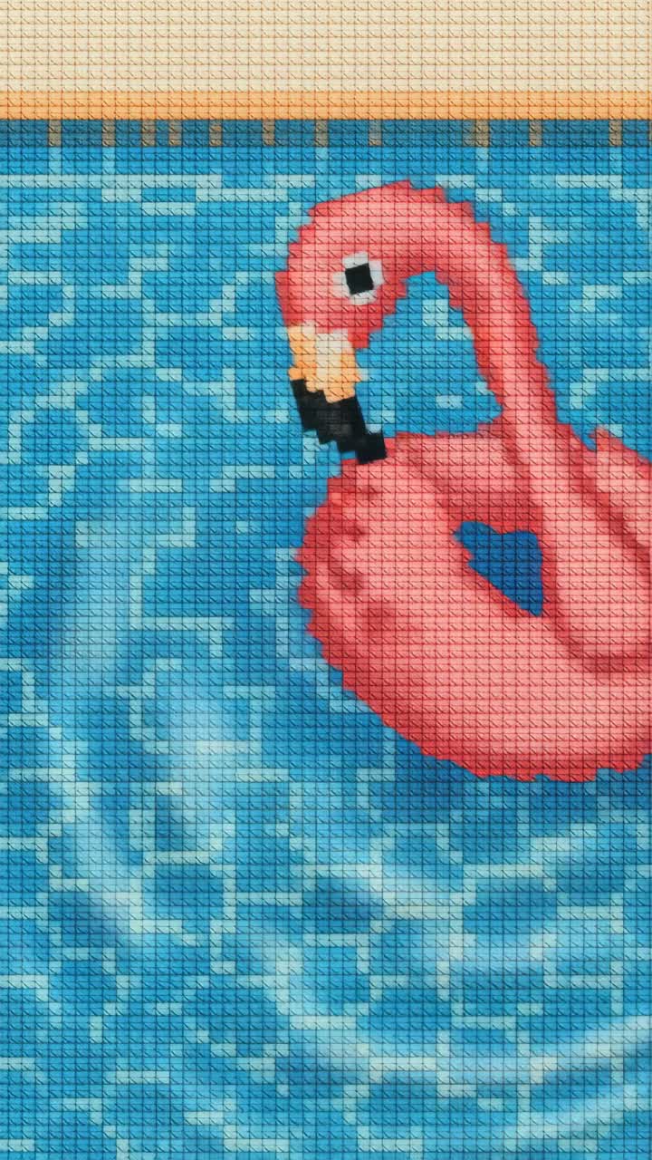 Pixel art style of a pink flamingo float in a pool, captured from a top-down angle, reminiscent