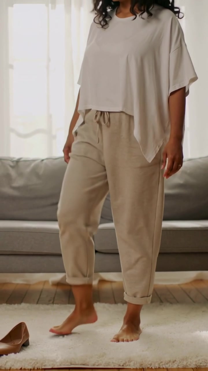 Vertical video: Lifting knee, woman sliding brown shoe off rug in living room, modeling beige pants