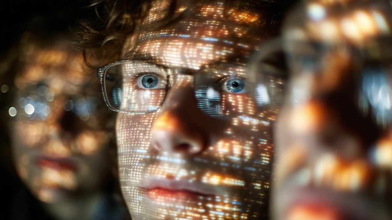 A Dramatic Exploration of Reflection and Light: Faces Illuminated by Captivating Patterns of Light Projection in a Thought-Provoking Context