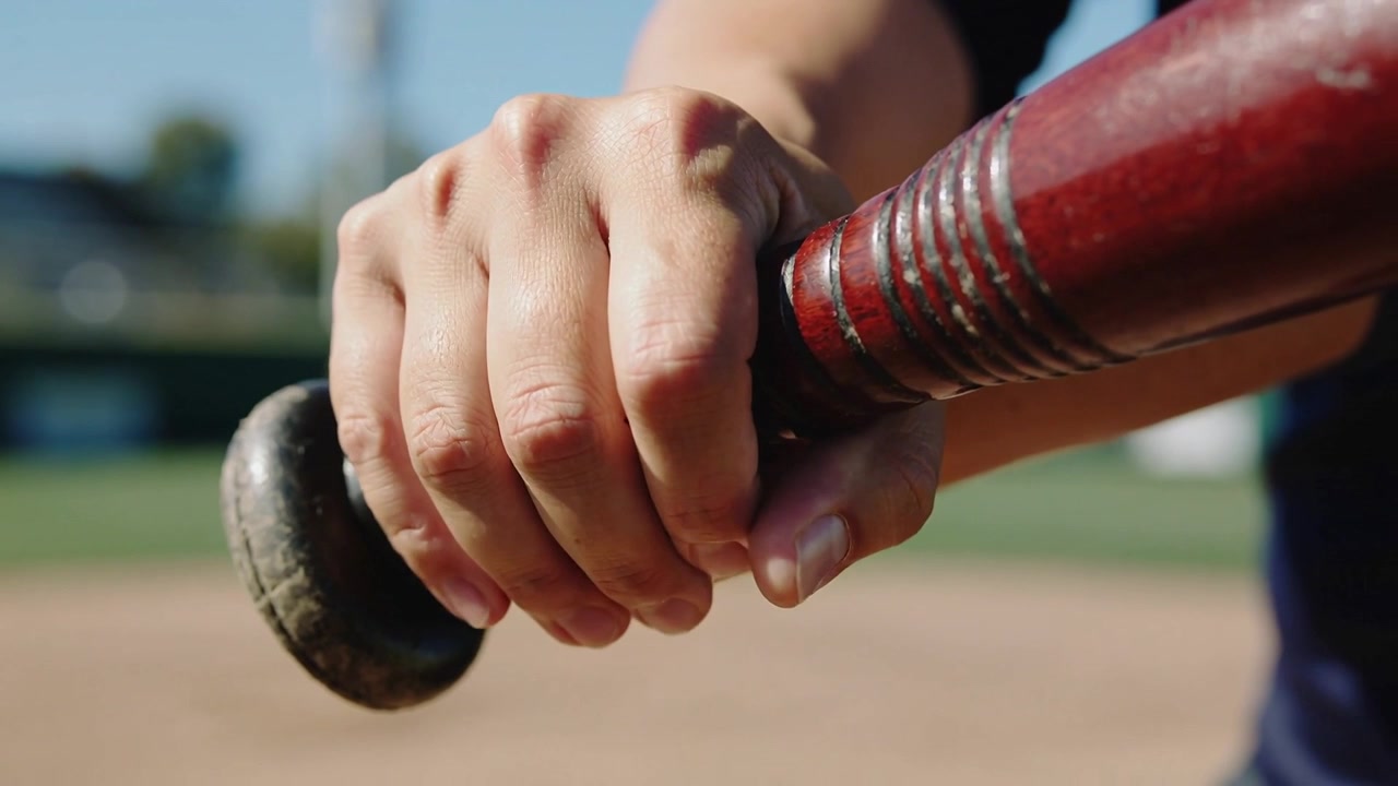 Adjusting batter's hands gripping red bat handle on diamond preparing for swing in dark shirt