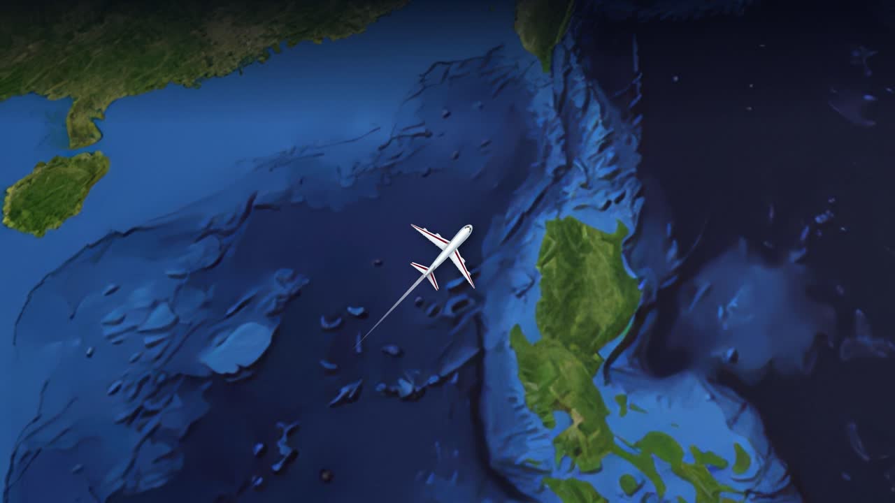 Satellite view animation follows a commercial airplane flying from Singapore across the Pacific to Nevada
