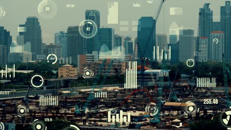 concepto de tecnología de construcción con gráfico de alteración sobre el sitio de construcción