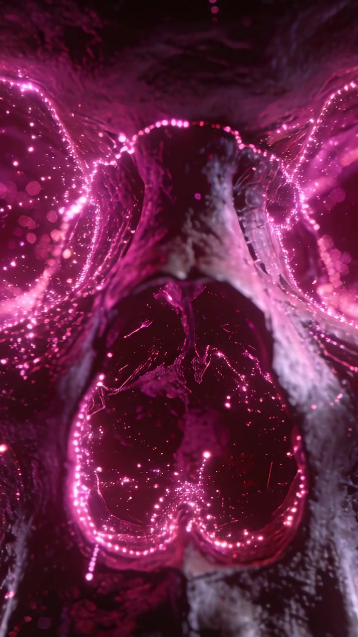 Frame progression causing particle streams outlining central ridge, revealing cavity for motion art
