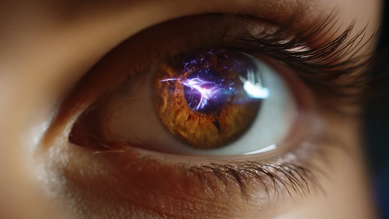 An Intriguing Close-Up of an Eye Capturing a Mesmerizing Electrical Storm Within Its Reflection, Highlighting the Beauty and Complexity of Human Vision in an Artistic Interpretation