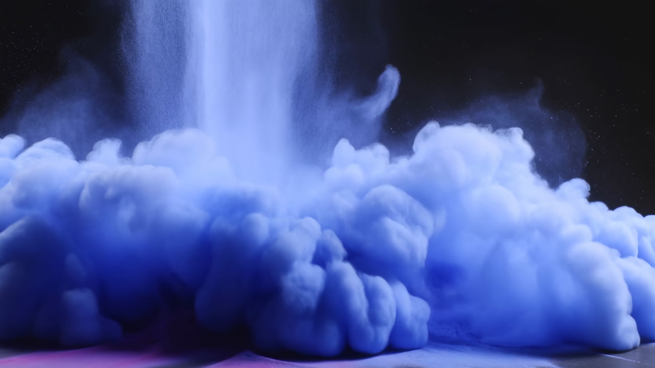 Vibrant Blue Powder Erupting Into Cloud, Dense Pigment Plume Colliding On Dark Studio Surface, Highspeed