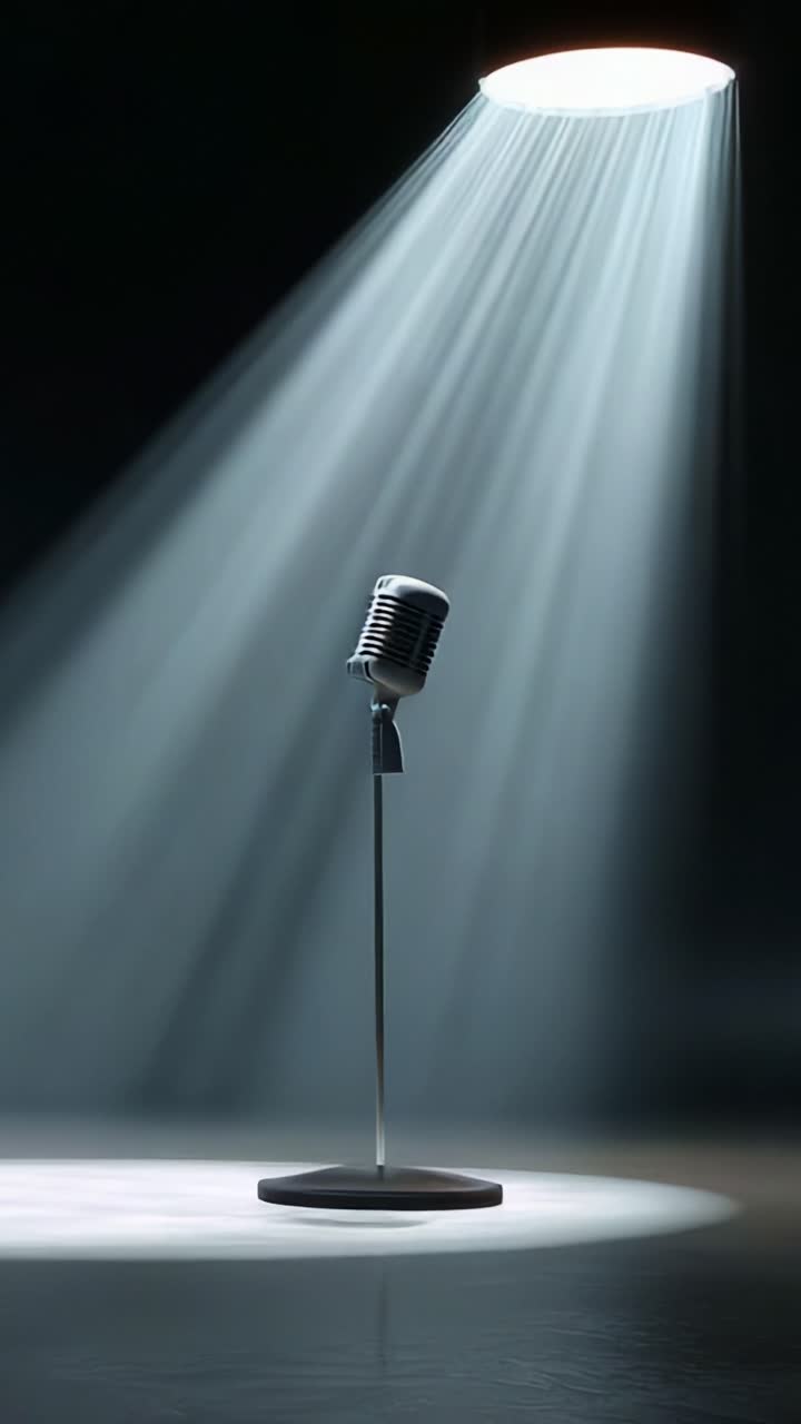 A Classic Microphone Stands Alone Under a Spotlight in a Dimly Lit Space, Emphasizing Its Iconic Design and Signifying the Essence of Performance and Expression in the World of Music