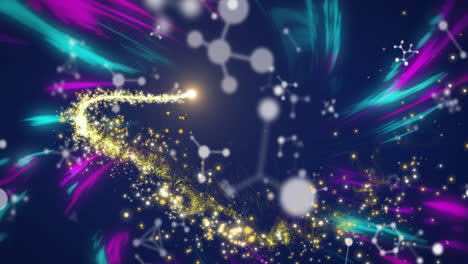 animación de moléculas sobre manchas de luz y rastros coloridos sobre fondo negro