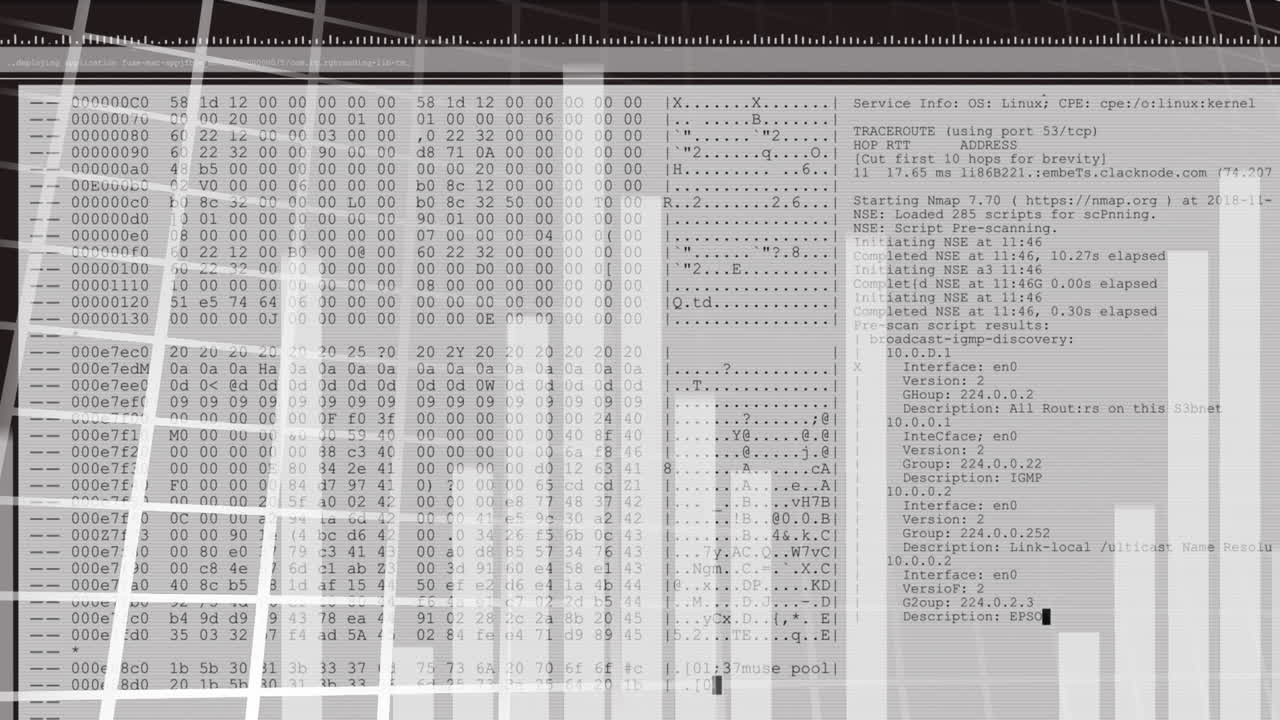 Animation of bar graphs over data processing on computer screen