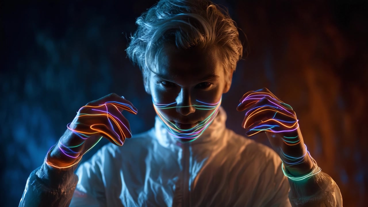 Una cautivadora exhibición de rastros de luz luminiscentes realza a un personaje misterioso, mostrando arte a través de patrones brillantes en manos y contornos faciales contra un telón de fondo oscuro.