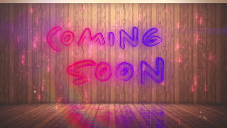 animación de texto que llegará pronto sobre puntos de luz sobre fondo de madera