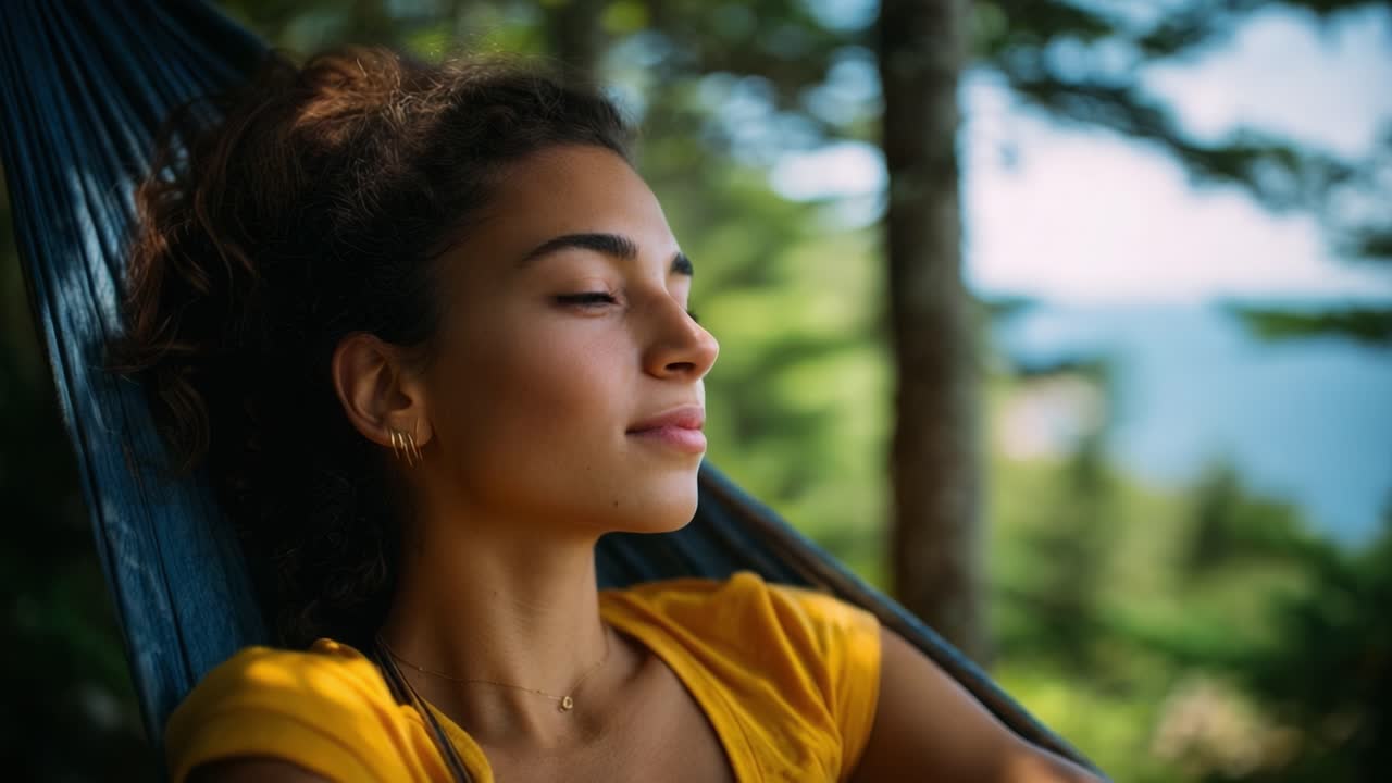 A serene moment captured as a young woman relaxes in a hammock, enjoying nature's tranquility with soft sunlight filtering through the trees in the background