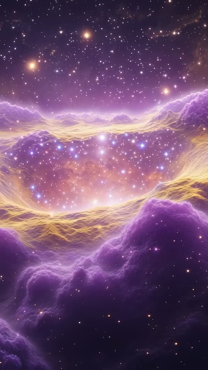 Vertical video: Starting with wide view, purple nebula tracing golden ridges in space, with stars