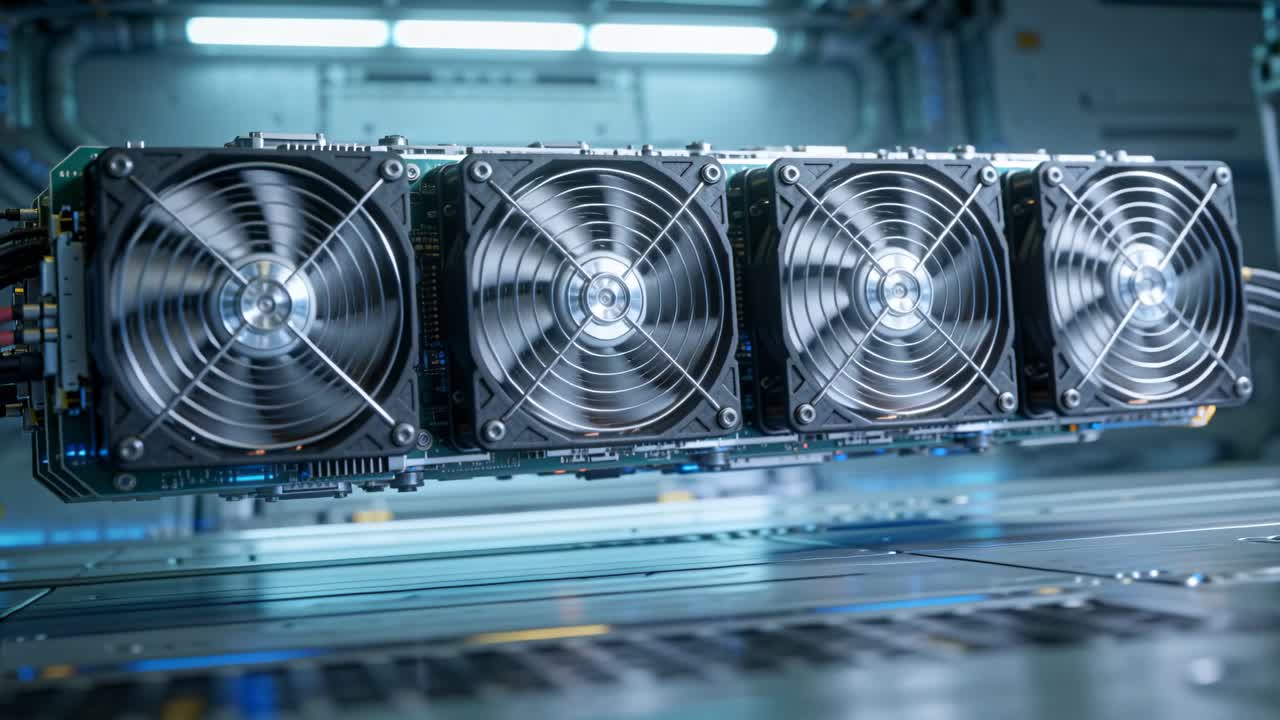 Powering four-fan assembly on PCBs rotating and sliding over conveyor in test bay, with cables