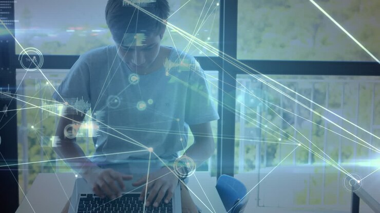 Network of connections against a man using laptop