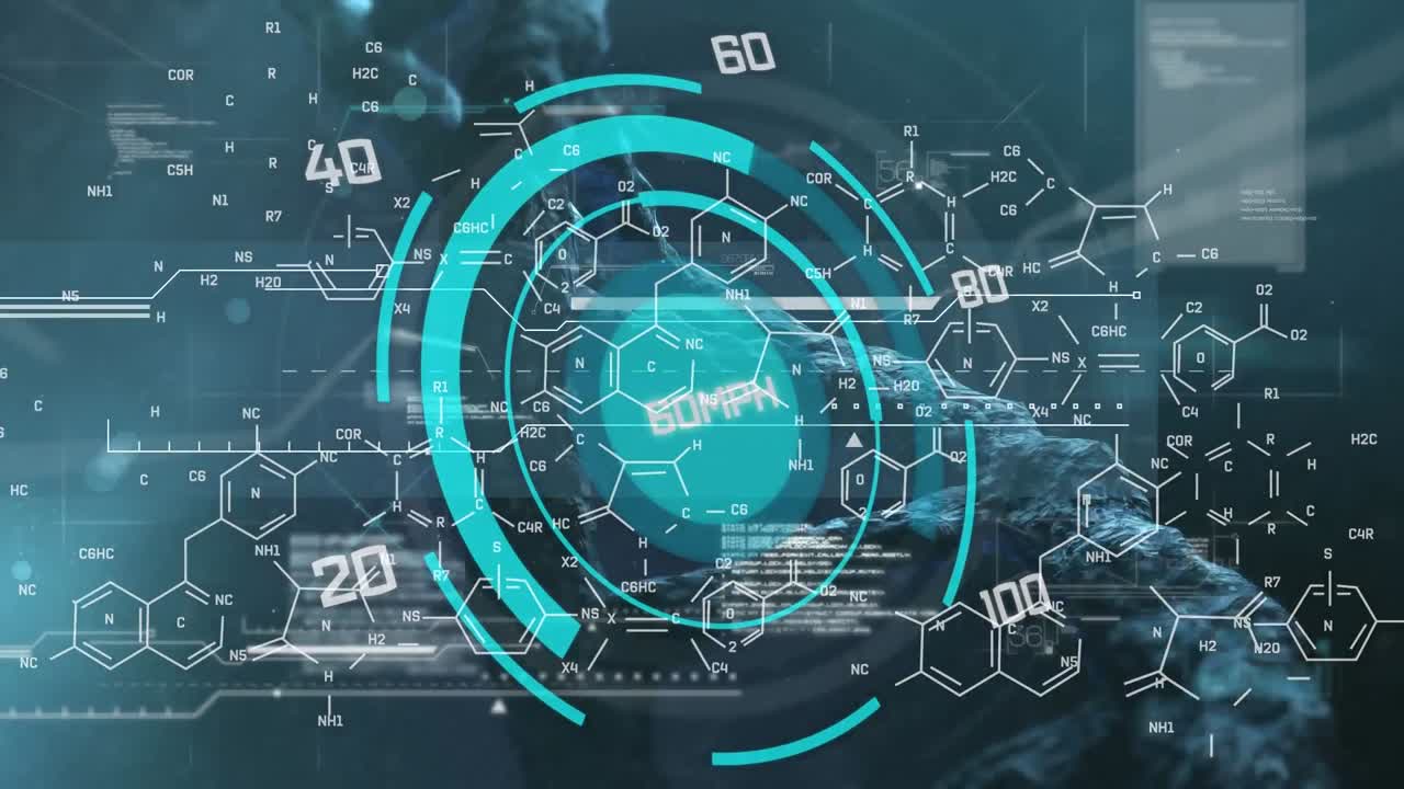 검은색 배경에 있는 dna 가닥 위의 스 ⁇ 오프 스캐닝과 데이터 처리 애니메이션
