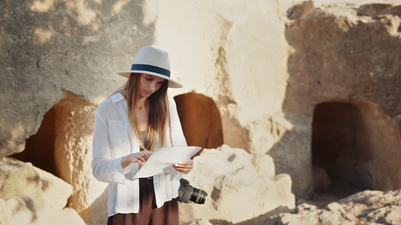 지도 를 가지고 고대 유적 을 탐사 하는 여자