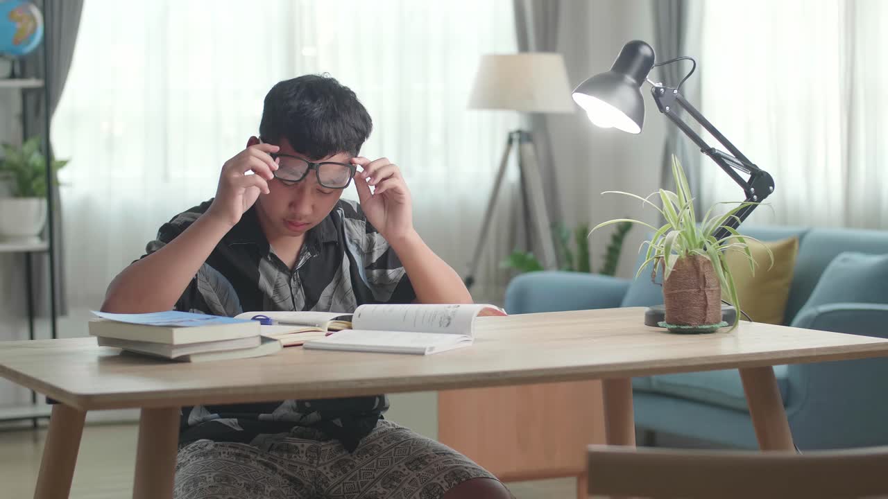 Tired Teenage Boy Feel Pain Eyestrain Rubbing Dry Irritated Eyes Fatigued From Doing Home Work