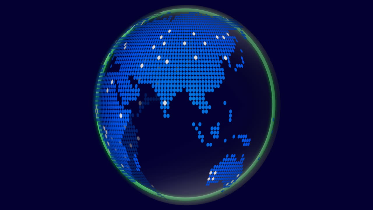 Rotating globe with blue pixelated continents, global data visualization animation