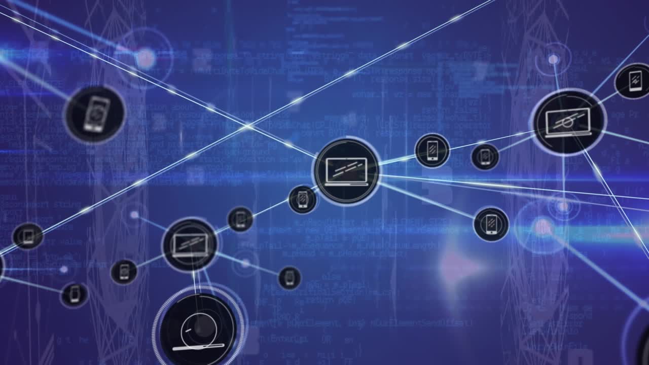 Animation of network of connections with icons over computer servers