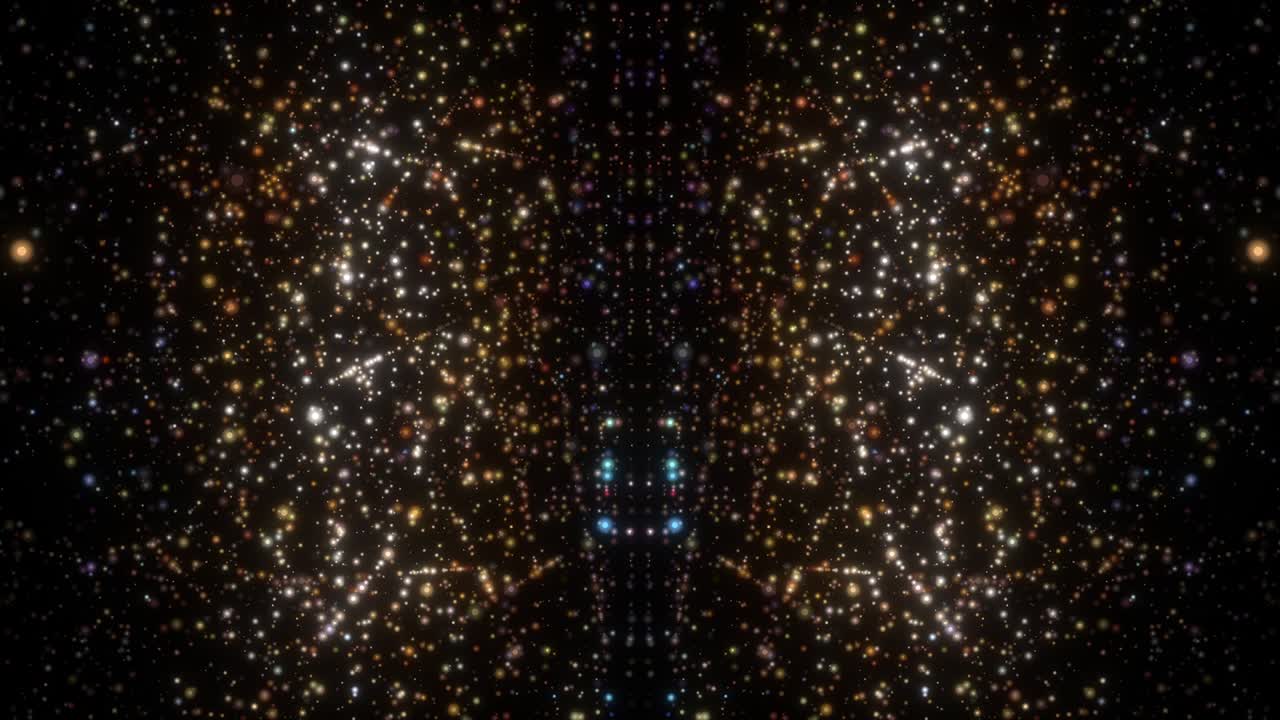 4k 반이는 대칭 패턴 별 먼지 흔적은 검은 바탕에 떨어지는 반이는 입자, 3d 원활한 루프, 반이는 반이는 빛의 황금 반이는 배경, 떨어지는 별 먼지 빛 효과.