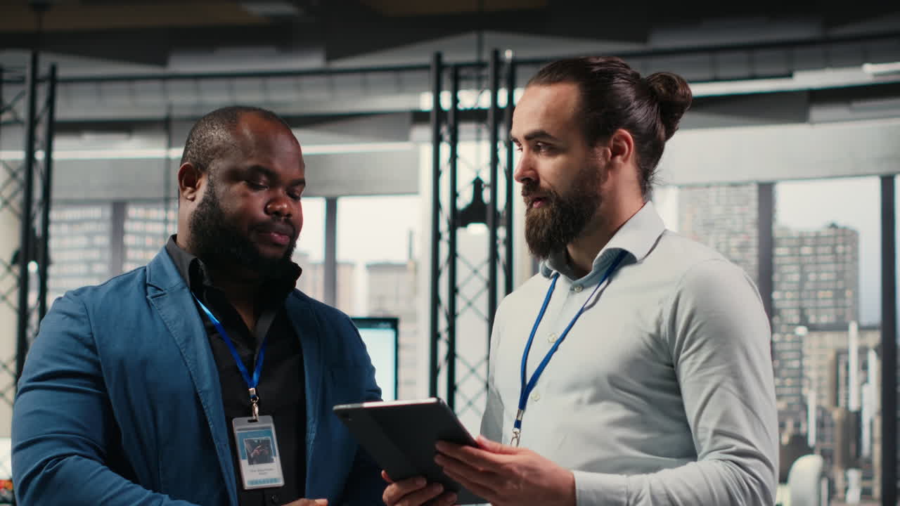 Vertical Video Businessmen analysts monitoring efficiency insights at the workspace