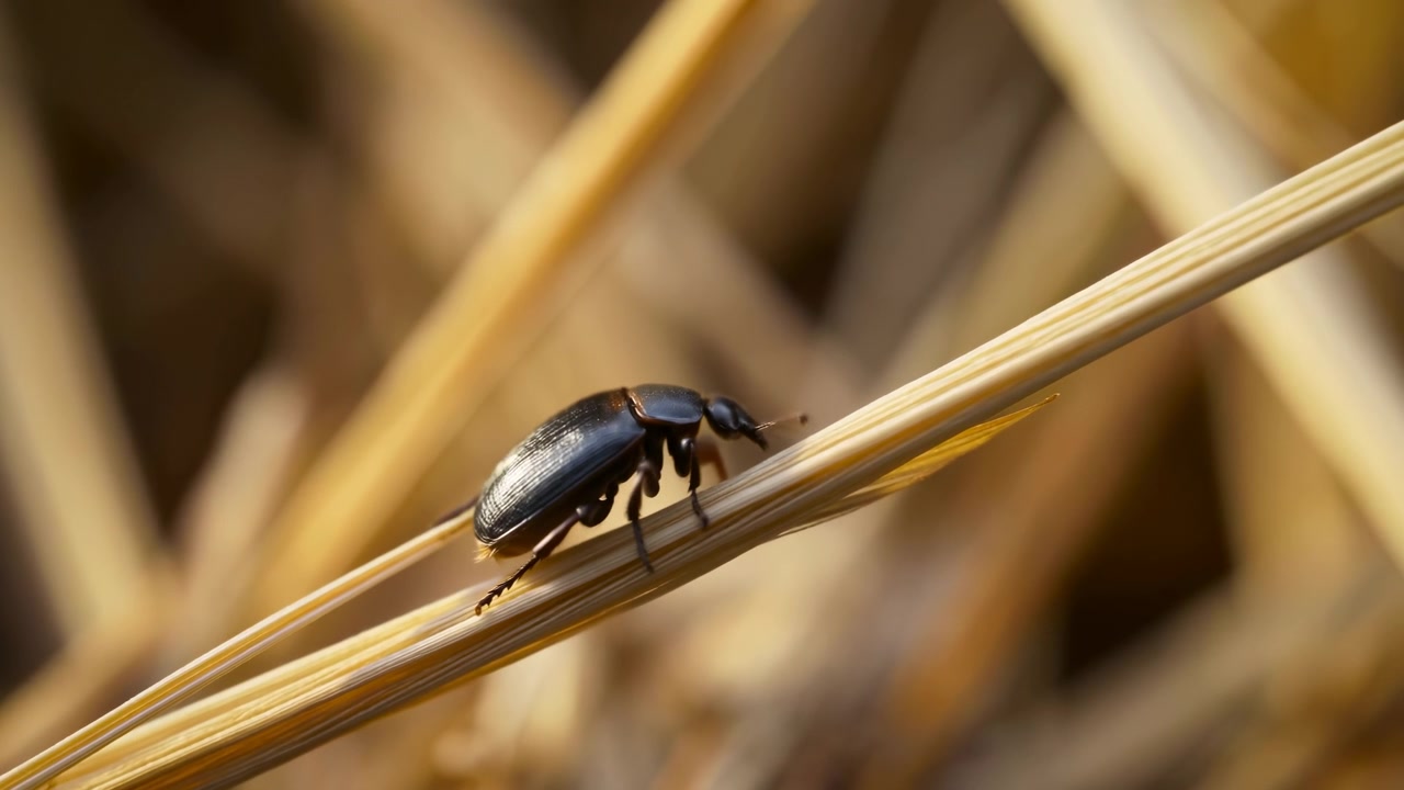 Glossy dark beetle advances over textured dry stem, gripping slender fibers as it moves through warm golden vegetation, with shallow focus isolating insect against soft background.