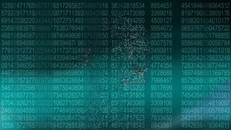 Animation of digital human head over a computer displaying numbers on green background.
