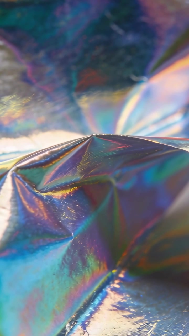 Video verticale: Pellicola iridescente che cattura la luce, creando riflessi prismatici in macro, rivelando una cresta