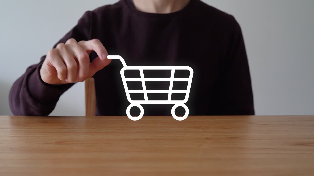 Man Touch The Shopping Cart Icon - Online Shopping Concept. - closeup shot