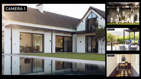 split screen with four security camera views of luxury home, slow motion