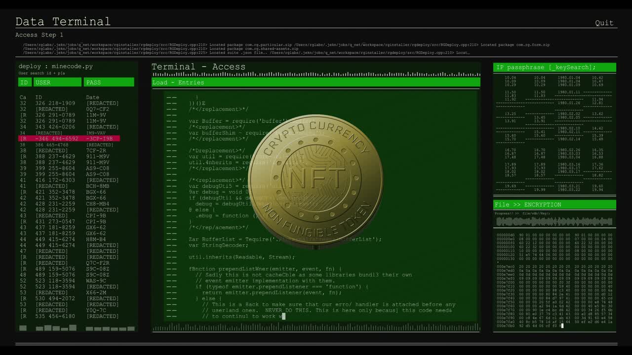 Gettone d'oro che appare dal nero, ruotando e scalando su un terminale verde che oscura il codice, mostrando un NFT