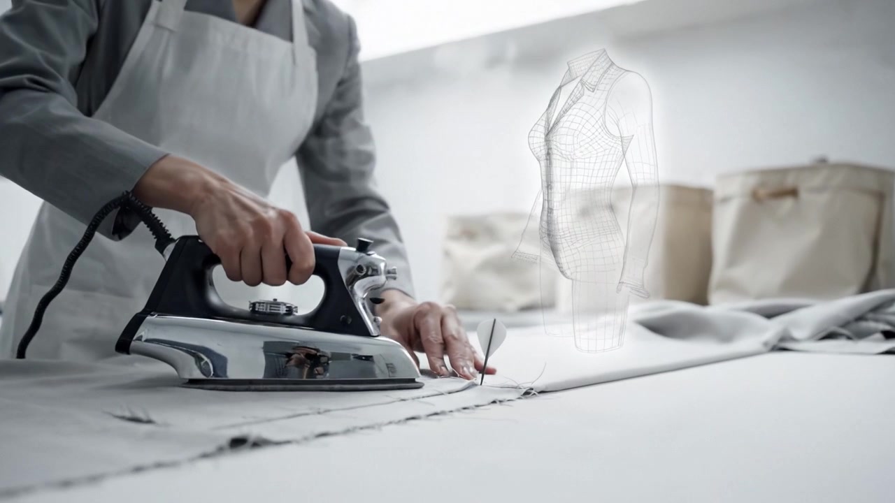 En syerske, der perfektionerer stof gennem strygeteknikker i et lyst værksted, med en overlejret skræddersyet kjoleform, der illustrerer designnøjagtighed og præcision.