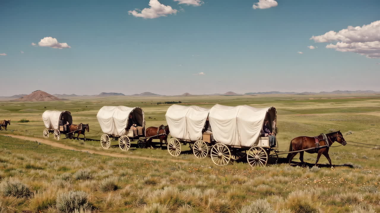 Covered Wagon Train Across the Plains