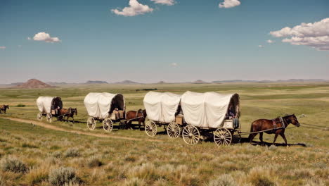 covered wagon train across the plains