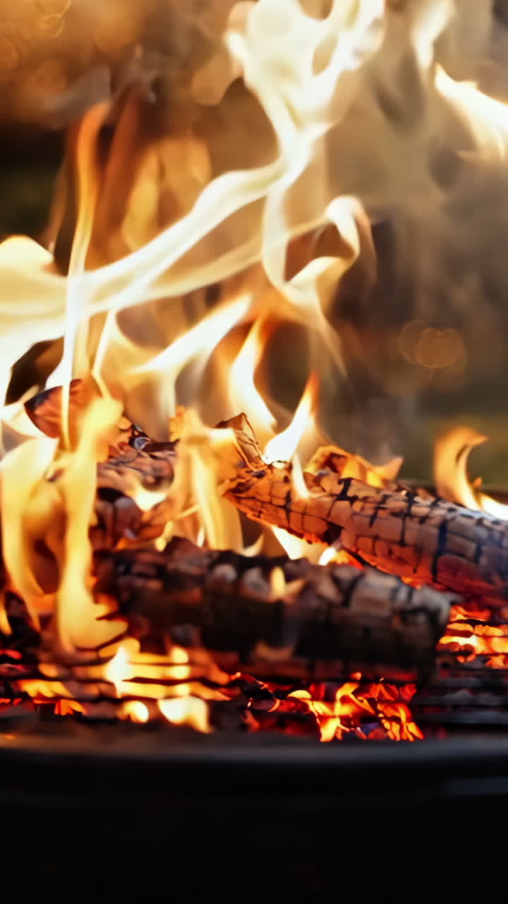A black grill with a fire burning in it. The fire is orange and yellow. The grill is on a lawn