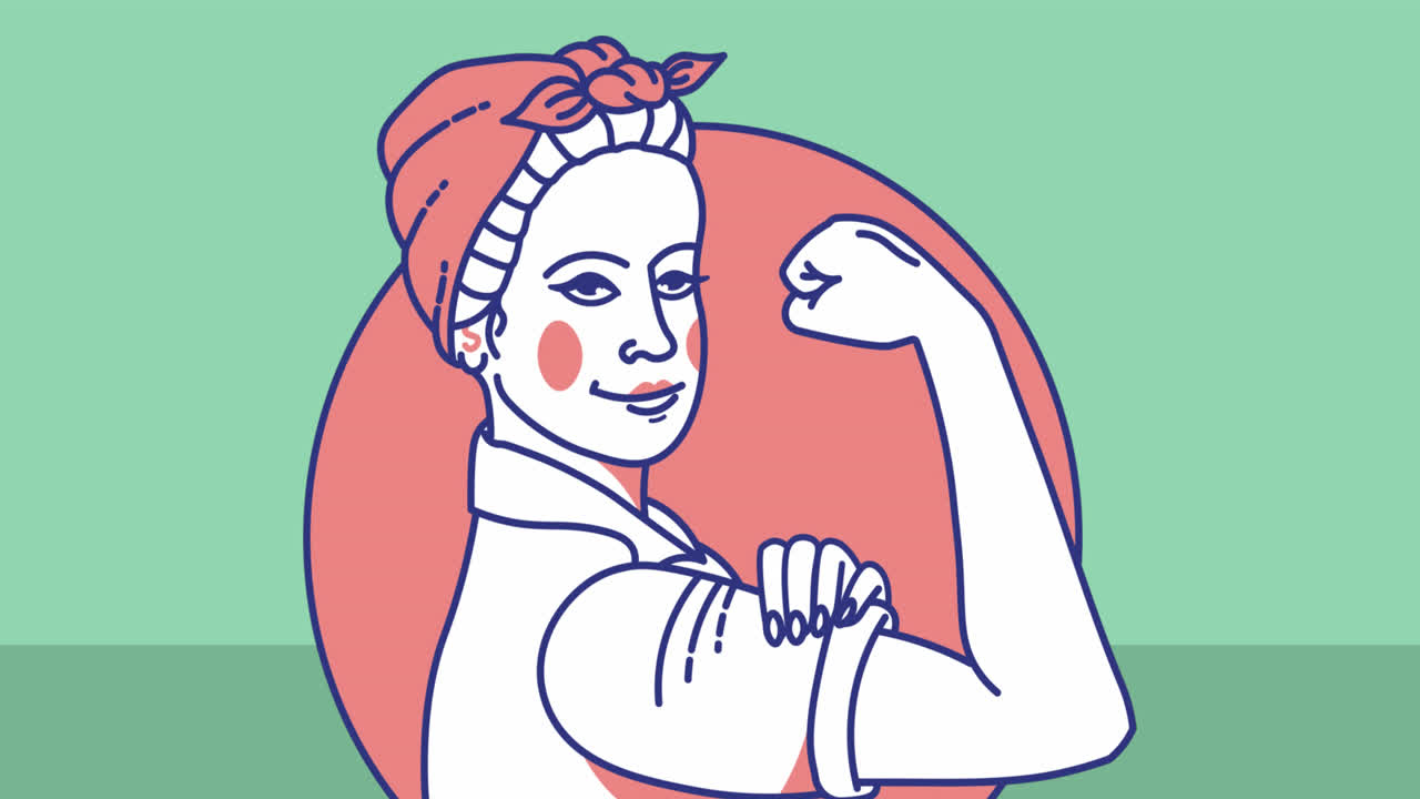 녹색 배경에 근육 아이콘을 보여주는 여성의 애니메이션