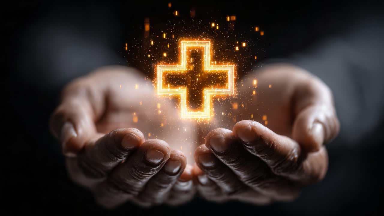Mani Illuminate Che Offrono Speranza e Guarigione: Rappresentazioni Visive di Cura e Compassione Infuse con un Simbolo di Croce Luminosa per la Salute e il Benessere