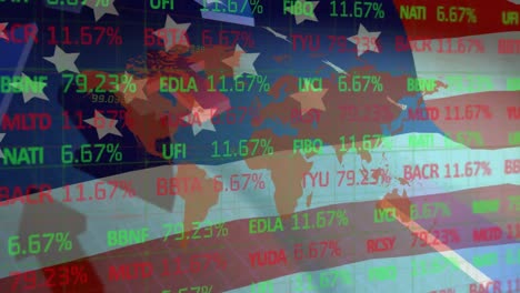 procesamiento de datos del mercado de valores y mapa del mundo contra nosotros bandera y flechas