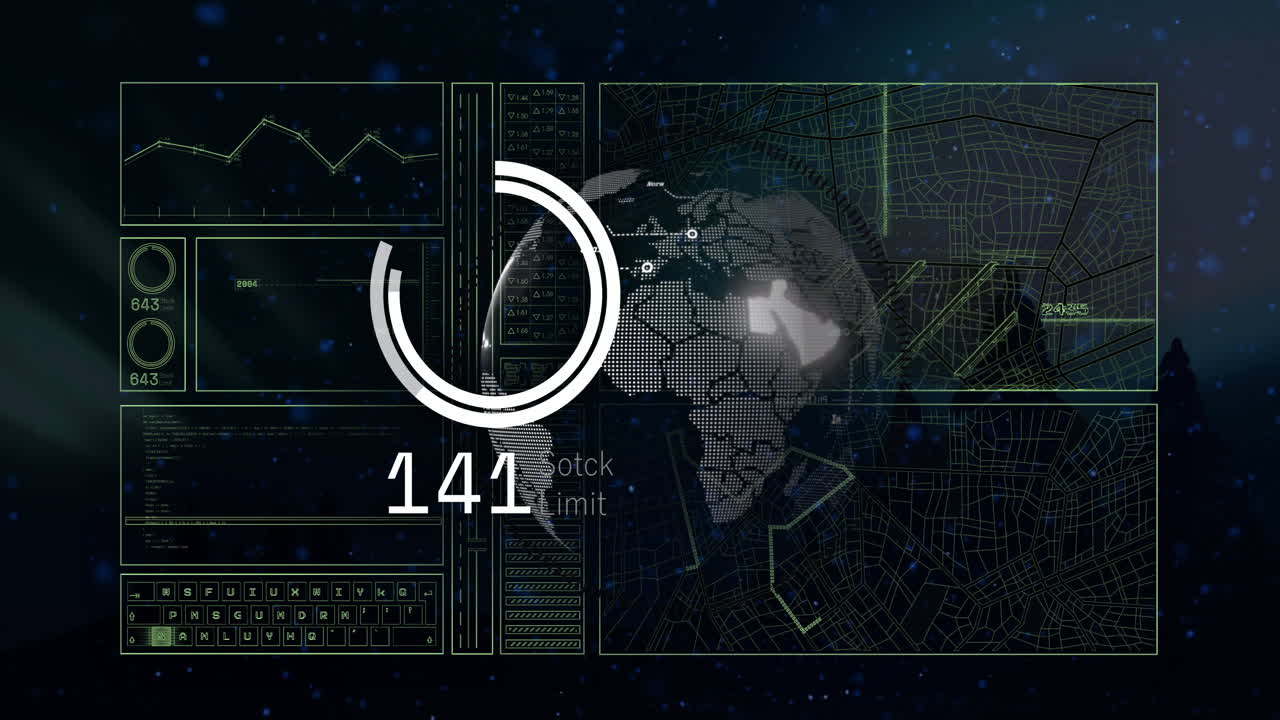 Animation of digital interface with world map, data graphs, number 124 highlighted