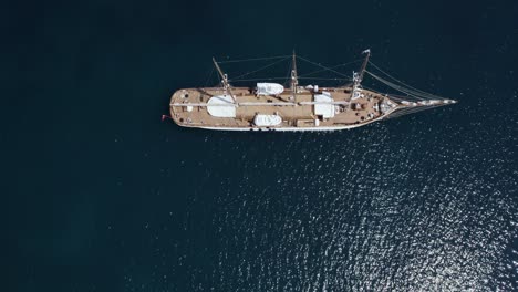 Luxury-Barque-Sailing-Yacht-in-Mediterranean,-Aerial-Top-Down-Drone-View