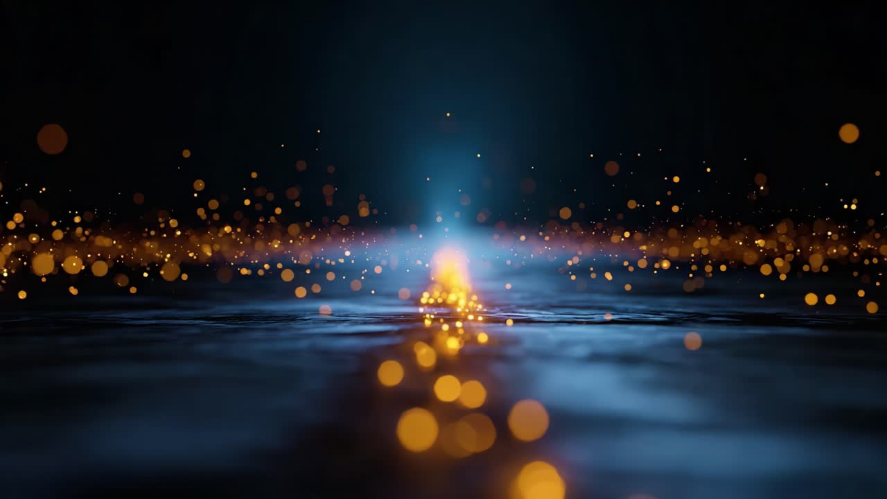 Un viaggio affascinante attraverso un sentiero luccicante di particelle dorate che illuminano un misterioso paesaggio oscuro, guidando l'osservatore in un'atmosfera incantevole