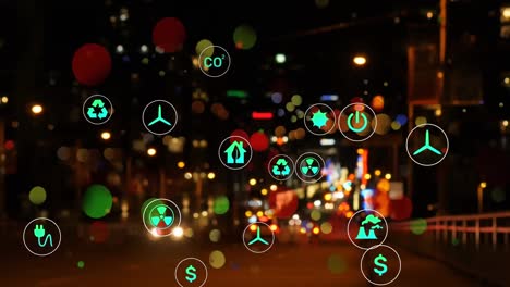 Animation-of-electric-car-icons-and-data-processing-over-city-lights