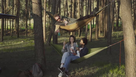 un grupo multiétnico de amigos brindando alegremente con sus refrescos sentados en sus hamacas en el bosque 1