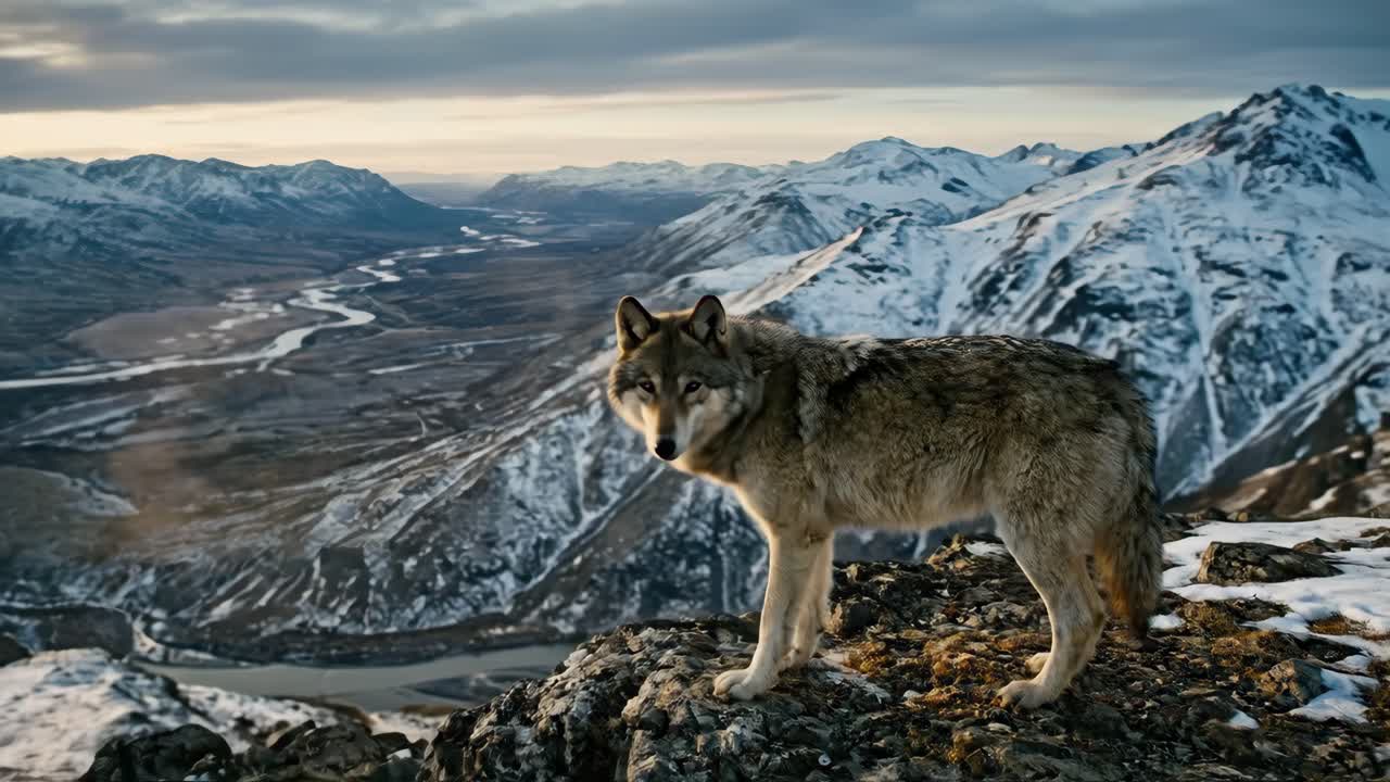 Majestic Gray Wolf Standing on Snowy Mountain Ridge at Sunset